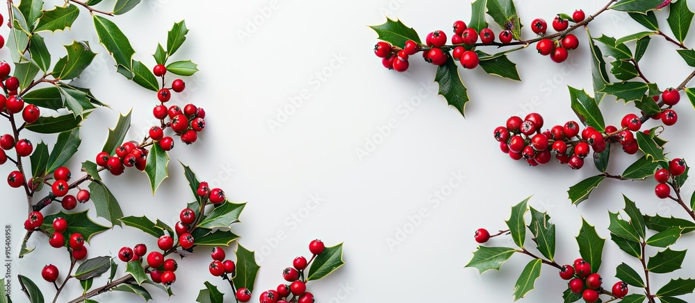Poster Arrangement of red holly berries and green branches on a white background Natural winter decoration Botanical festive flat lay top view. with copy space image. Place for adding text or design