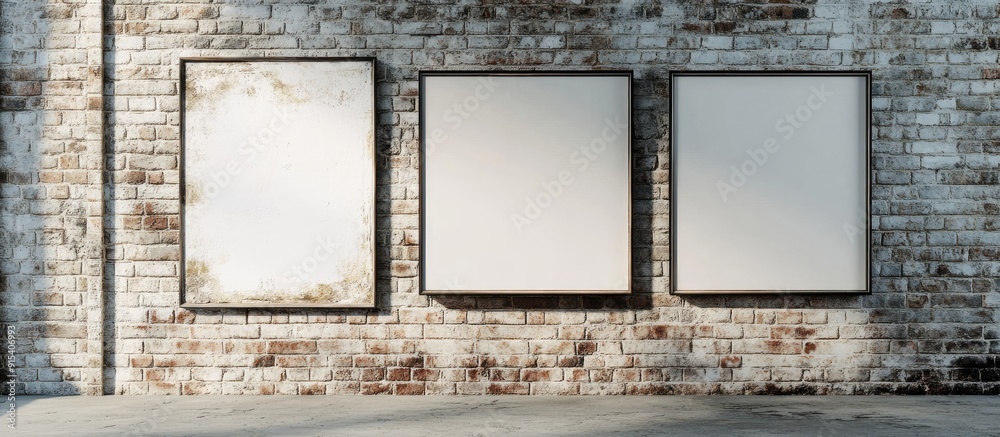 Leinwandbilder Three empty square frames against a background of a weathered brick wall. with copy space image. Place for adding text or design