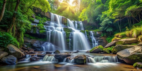 Scenic waterfall cascading over smooth rocks in a lush forest setting, waterfall, rocks, nature, scenic, landscape