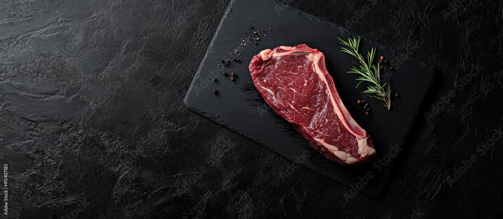 Aufkleber close up of raw dry aged kobe ribeye steak on a black board. with copy space image. place for adding