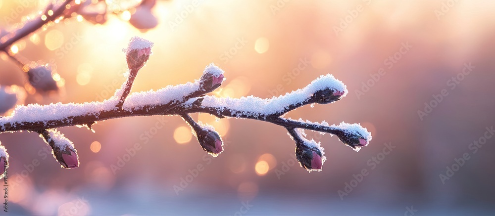 Poster First snow of the season on a branch at dawn. with copy space image. Place for adding text or design