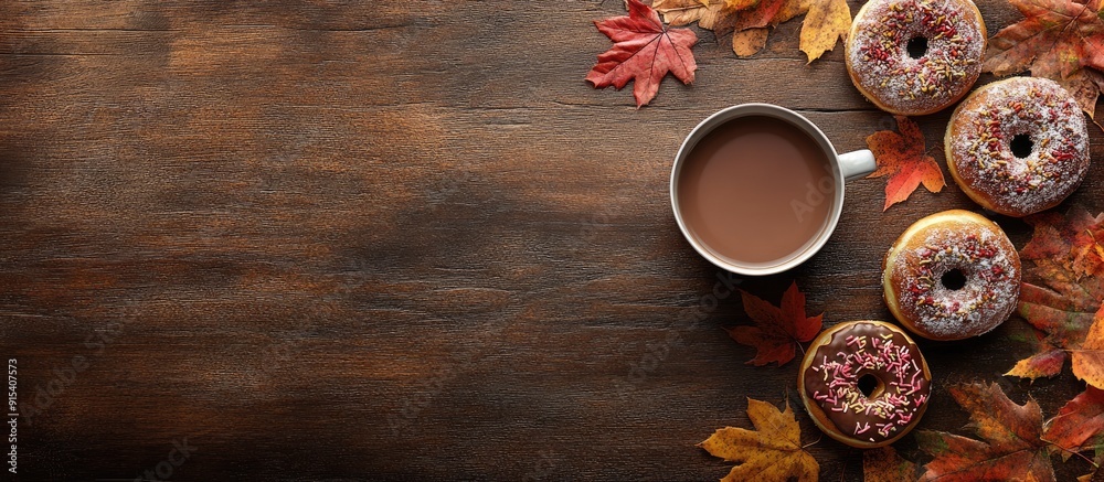 Poster Autumn arrangement a cup of cocoa accompanied by donuts and autumn leaves. with copy space image. Place for adding text or design