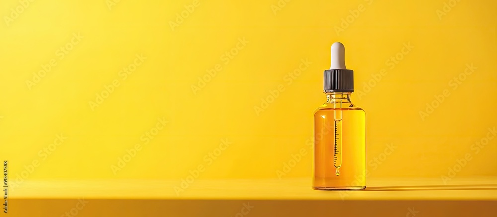 Poster cosmetic hyaluronic acid or hydrating oil and orange essence in a glass bottle with a floating pipet