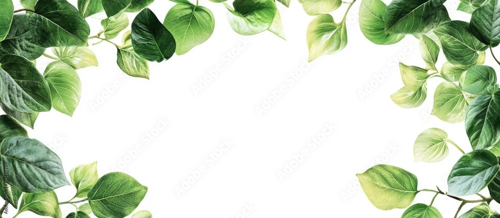 Fototapete fresh and lively green leaves border and frame on a white background organic design idea. with copy 