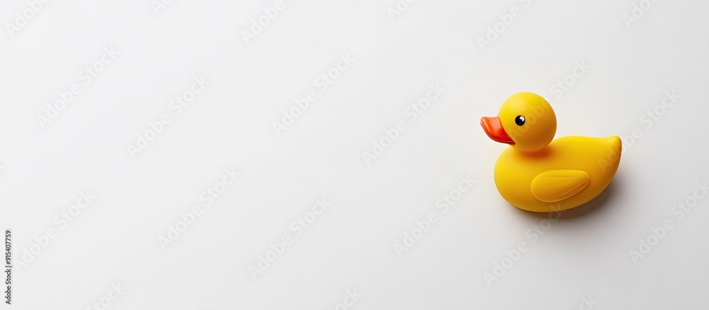 Poster Yellow rubber duck set against a white background Minimalist style with a white backdrop Top view Fashionable colorful image Flat lay Copy space Minimal creative idea