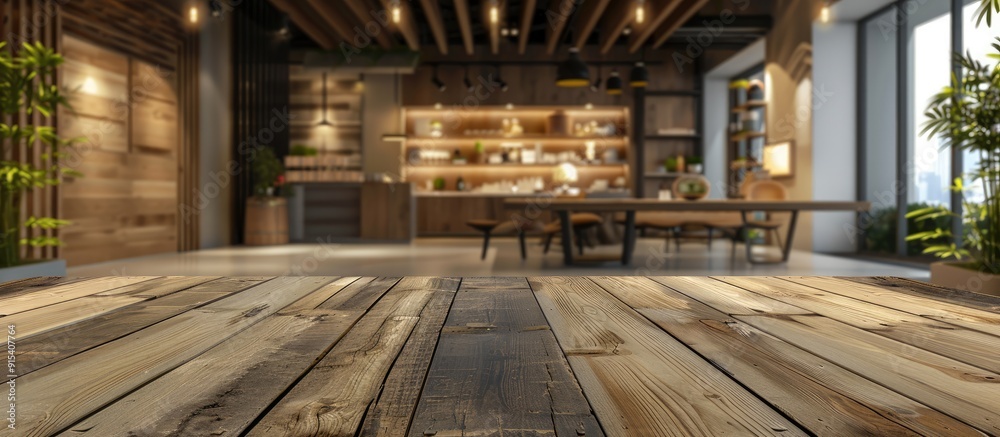 Poster Empty wooden table set against a blurred modern room interior banner background Suitable for displaying or showcasing your products. with copy space image. Place for adding text or design