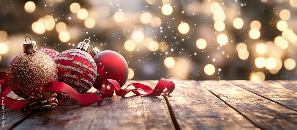 Poster Christmas ornaments baubles and ribbon on a wooden surface. with copy space image. Place for adding text or design