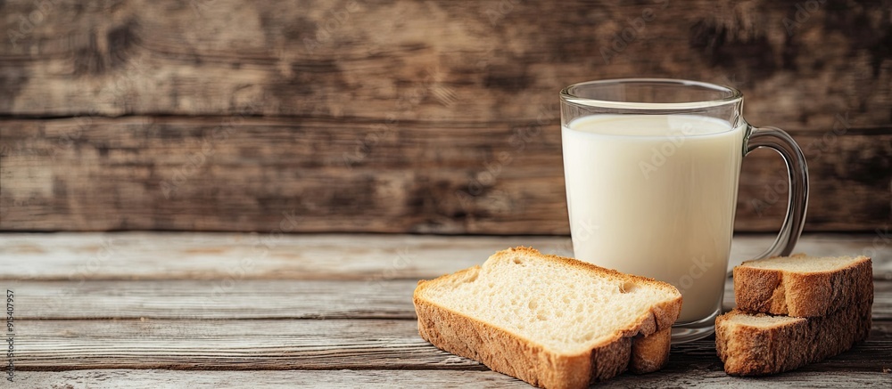 Fototapete dry rusk bread and a glass of milk set against a wooden background healthy breakfast option. with co