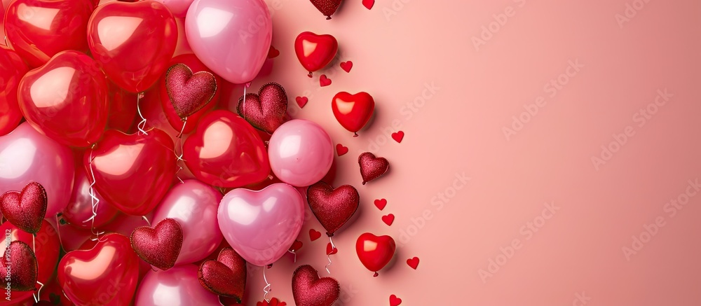 Poster Pattern of a red heart shaped balloon on a pink background with a top view flat lay and copy space Love theme Holiday item Birthday Valentine s Day Wedding Party decoration Greeting card