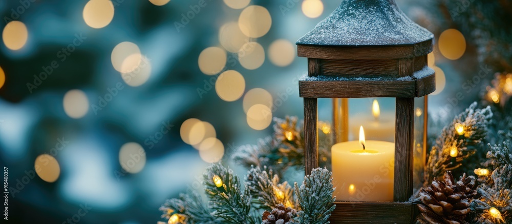 Aufkleber closeup of a festive christmas wooden lantern featuring a candle fir tree and sparkling lights with 
