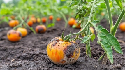 Obraz premium Farming bio organic rotten tomato mould fungi moss detail closeup mildew mold drought dry soil land earth tomatoes harvest Europe