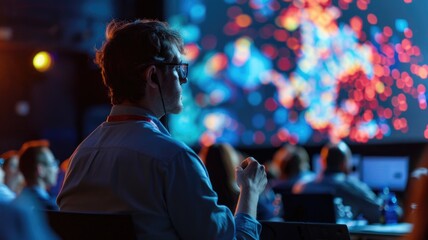 A professional giving a presentation on data visualization at a conference, engaging with an audience