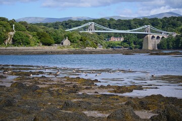 View of Menai Suspension Bridge, Anglesey, Wales, Europe.	