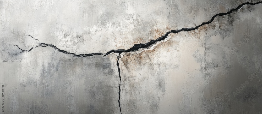 Aufkleber large crack on the gray wall abstract representation of the vertical fissure close up selective focu