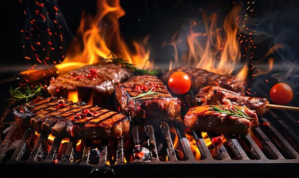 barbeque grilled meat with fire meat smoke oil and charcoal Generate AI