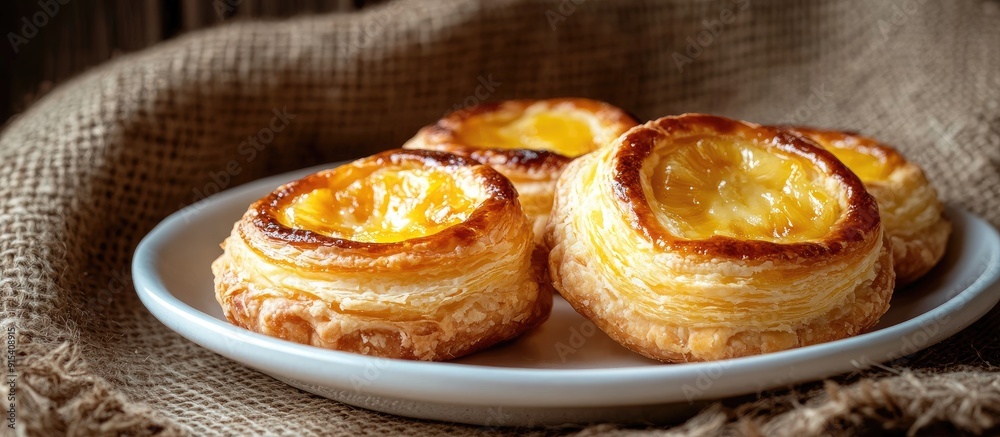 Aufkleber pineapple danish pastry on a white dish set against a brown sack background. with copy space image. 