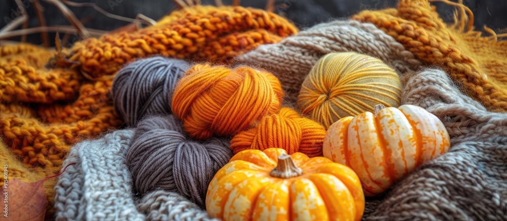 Poster yarn pumpkins handmade decor. with copy space image. place for adding text or design
