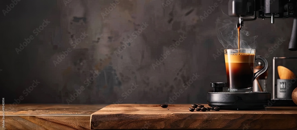 Poster homemade coffee station featuring a nespresso and a cup of black coffee. with copy space image. plac