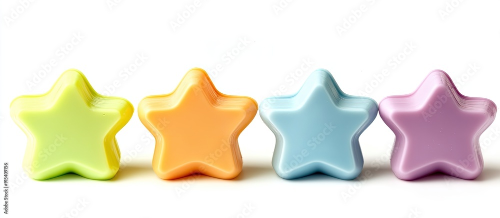 Poster plastic cooking mold shaped like five colorful stars isolated on a white background. with copy space image. Place for adding text or design