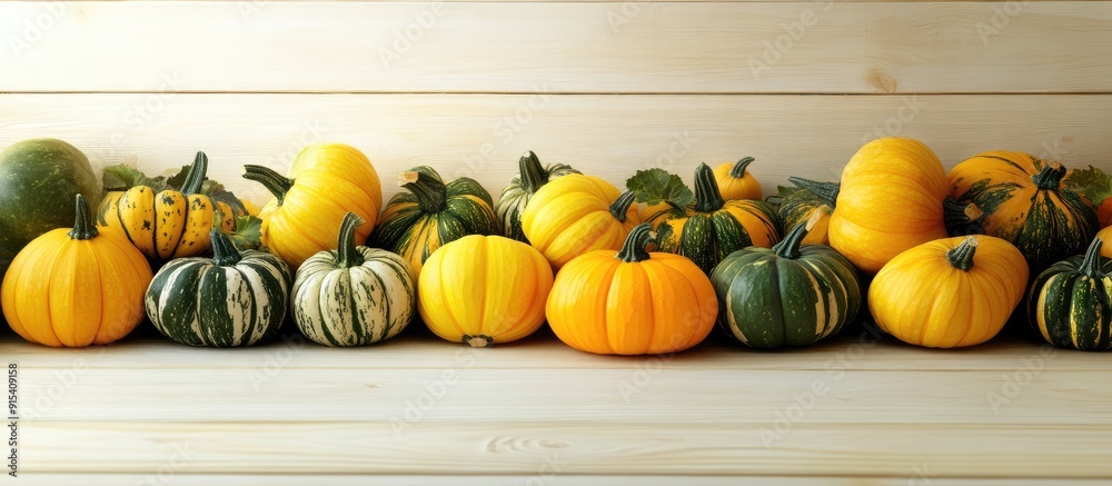 Fototapete bunches of squash form a natural border around an empty area with copyspace on the table