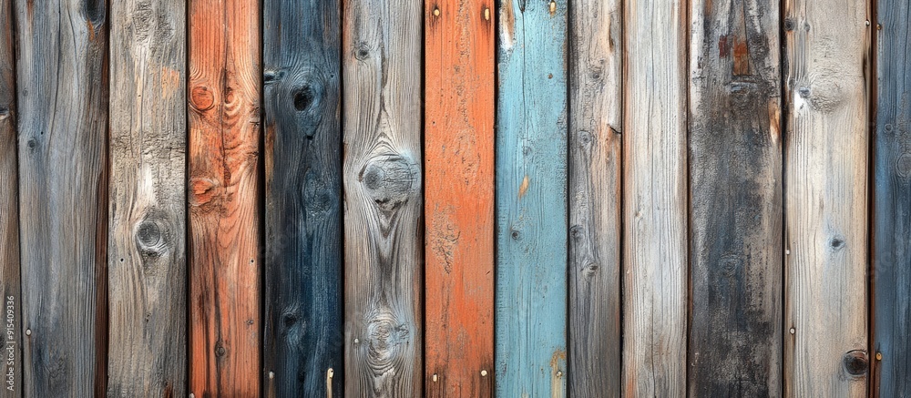 Poster fragmented old multicolored wooden fence wooden texture wooden fence texture background. with copy s