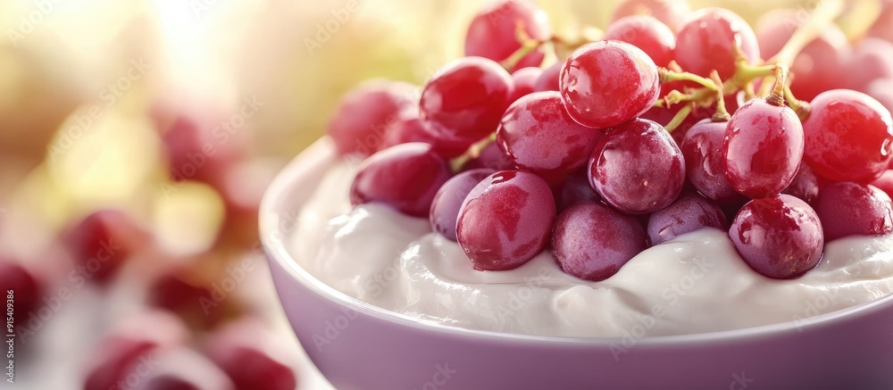 Aufkleber Red Glove grapes on yogurt for a nutritious breakfast. with copy space image. Place for adding text or design