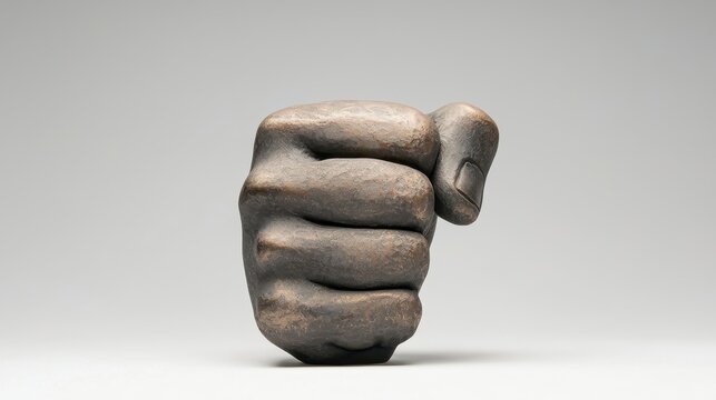 A detailed view of a stone fist sculpture symbolizing strength and resilience against a minimalist background.