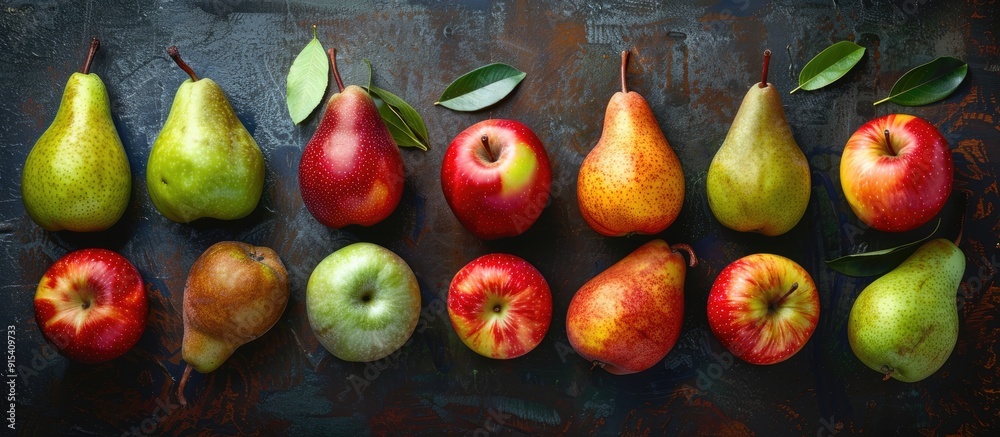 Poster Tasty apple pears on a white table top view Area for text. with copy space image. Place for adding text or design