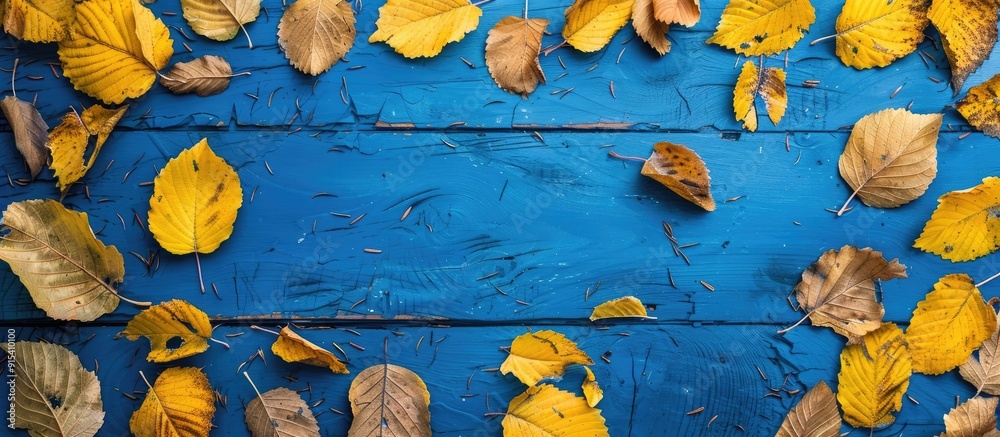 Poster Autumn leaves border the left side of a blue structured background from a top view Fall Border features yellow and orange leaves creating a vintage background table with copy space Ideal for your des
