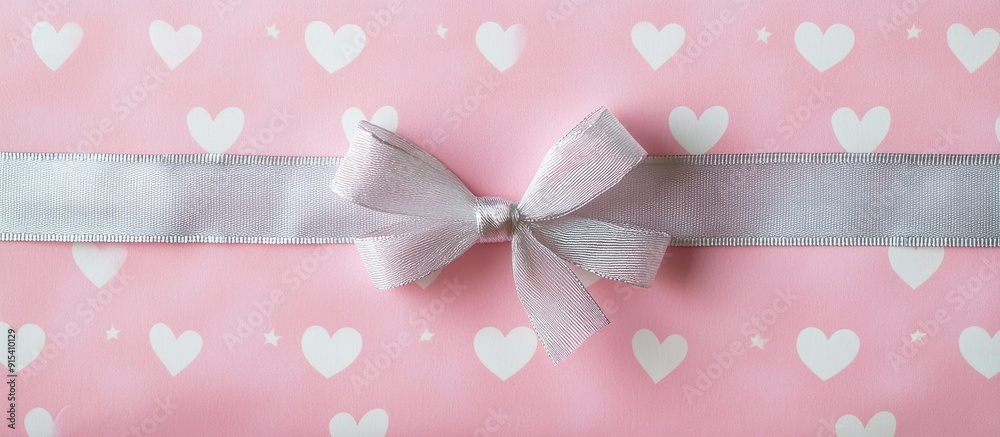 Poster pink craft wrapping paper with a white hearts pattern silver ribbon romantic present. with copy spac