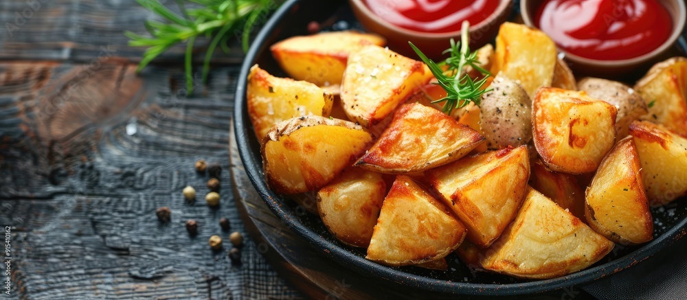 Aufkleber Homemade fried potato cubes served with ketchup. with copy space image. Place for adding text or design