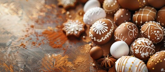 Obraz premium Easter Background Greeting Decorative colored eggs and gingerbread cookies for Easter On a brown backdrop Top view Copyspace available