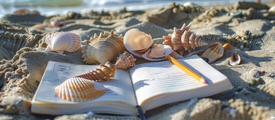 A blanket on the beach holds a notebook and a collection of pencils adorned with seashells. with copy space image. Place for adding text or design