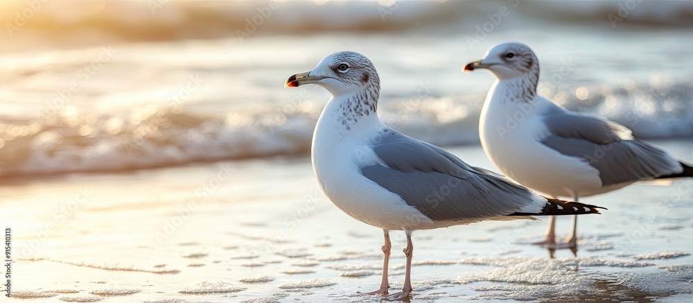 Poster Seagulls at the beach in natural daylight. with copy space image. Place for adding text or design