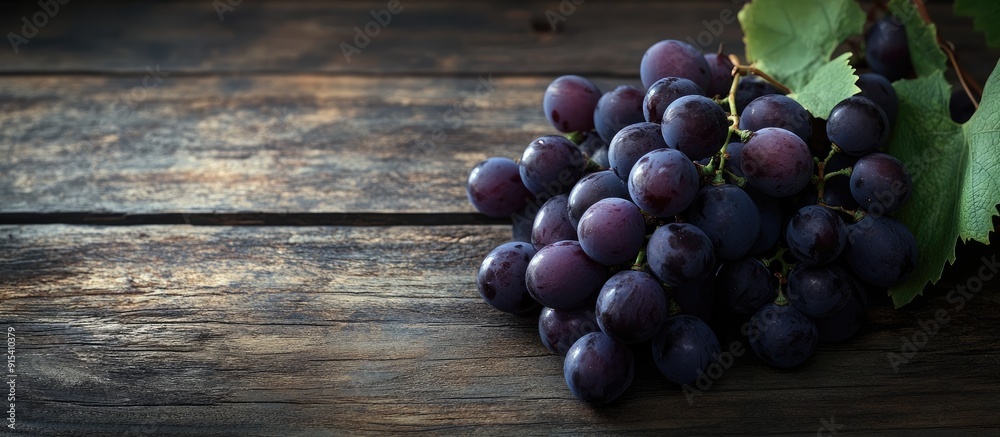 Aufkleber bunches of black grapes on a wooden table with a rustic look copy space