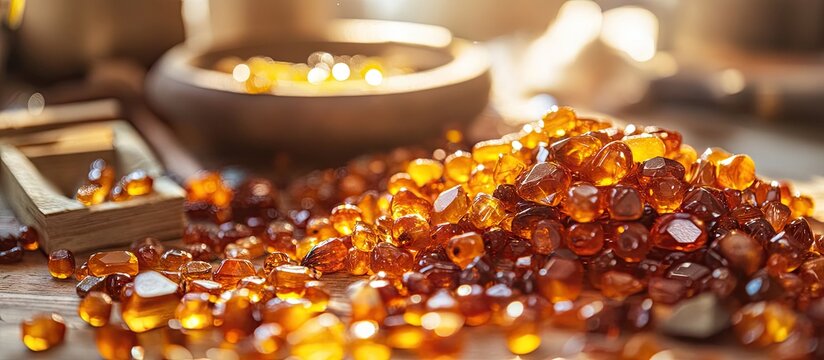 Amber The creation of beads from sunstone using thread and needle The artisan s hands choose pieces of amber for jewelry Production of amber beads Technology jewelry. with copy space image