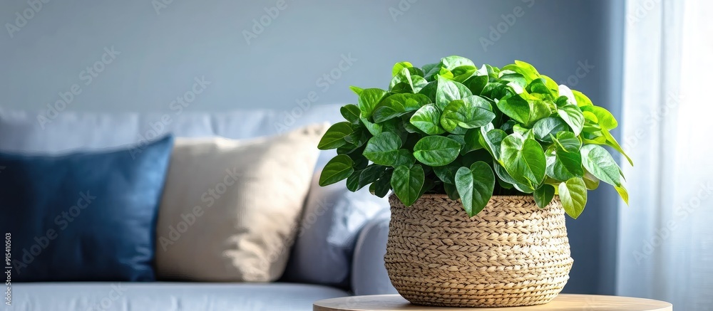 Poster neon green epipremnum aureum lemon lime houseplant in a basket flower pot on a table in the living r