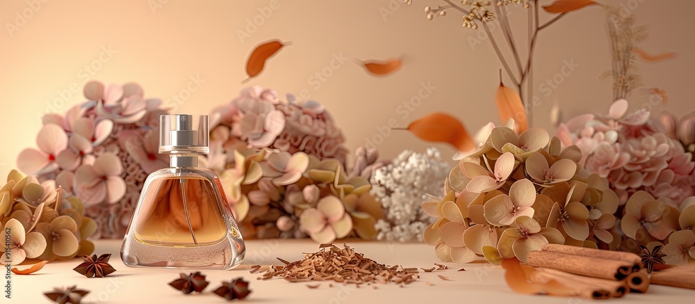 Aufkleber glass perfume bottle with a skein of flagellum a hydrangea branch cinnamon sticks and anise stars against a beige background. with copy space image. Place for adding text or design