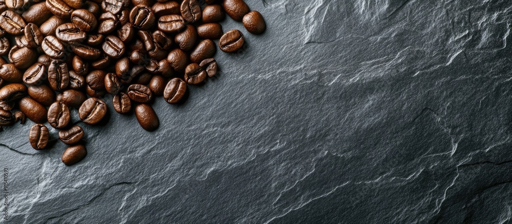 Leinwandbilder Coffee beans on a gray stone surface. with copy space image. Place for adding text or design