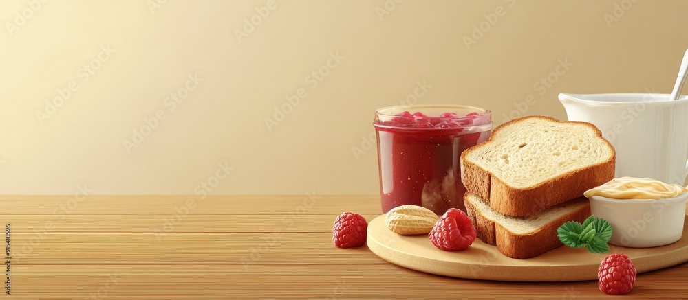 Poster ingredients for a tasty breakfast toasted bread butter peanut butter and homemade raspberry jam on a