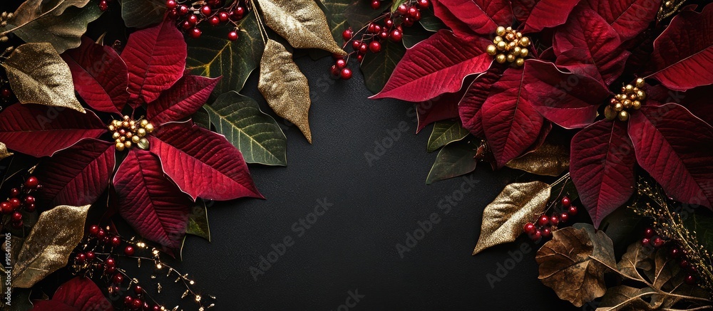 Poster beautiful rustic christmas floral display featuring burgundy poinsettia gold berries and sparkling l