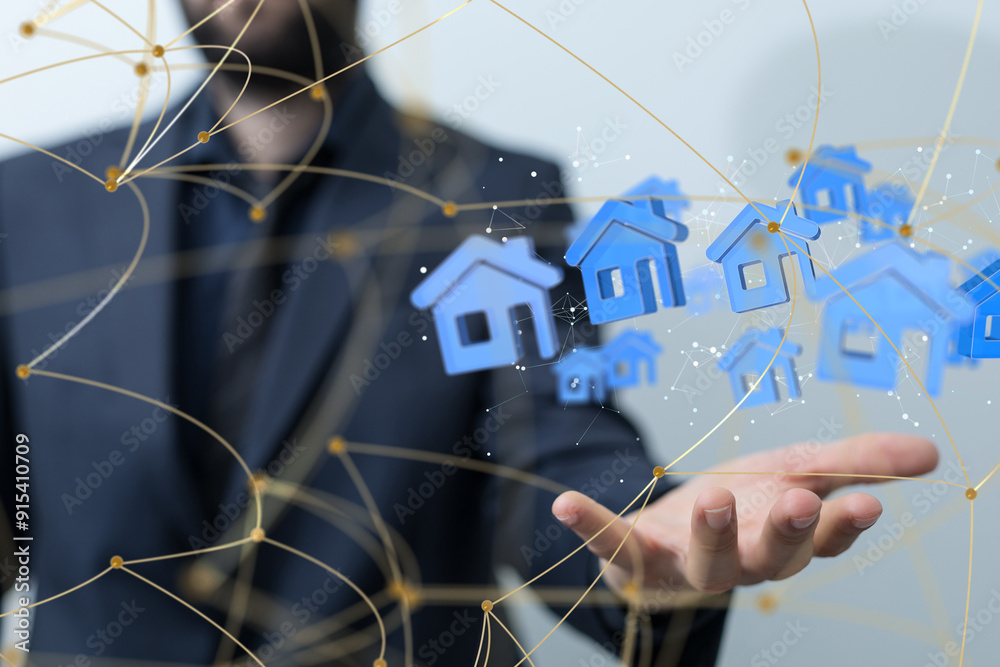 Poster home iot - Neural network 3D illustration. Big data and cybersecurity