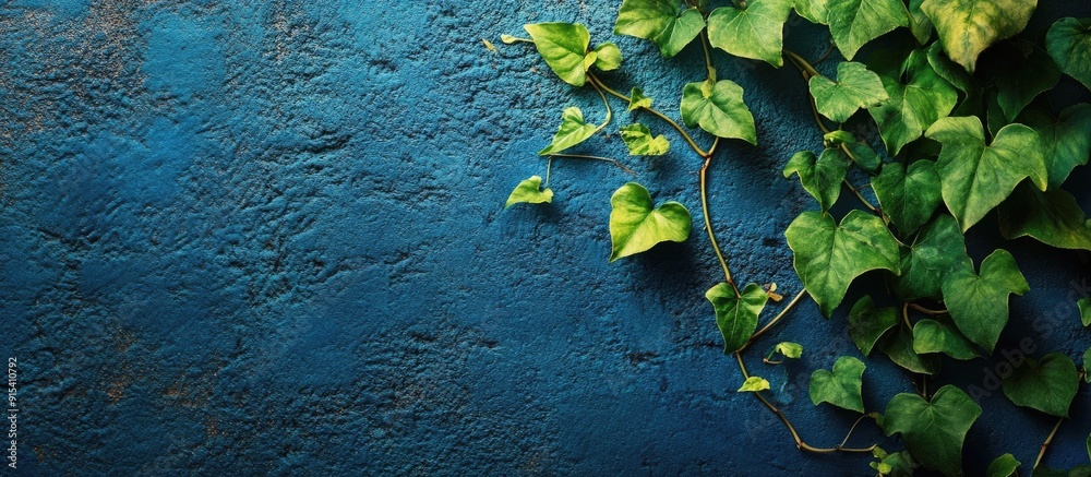 Leinwandbilder green leaf vines on a textured blue wall. with copy space image. place for adding text or design