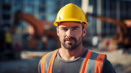 Fototapeta premium European builder in a safety helmet looks at the camera against a construction background.