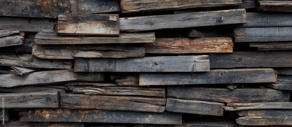 Poster Old decayed discarded decking planks piled up side view. with copy space image. Place for adding text or design