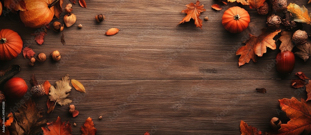 Aufkleber Autumn table arrangement on a wooden surface top view Room for text. with copy space image. Place for adding text or design