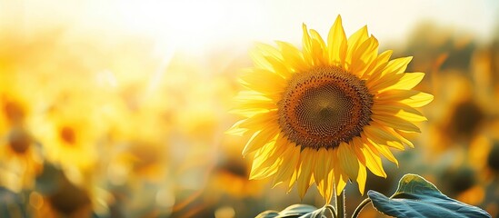 Fototapeta premium sunflower field bloom oil backdrop. with copy space image. Place for adding text or design