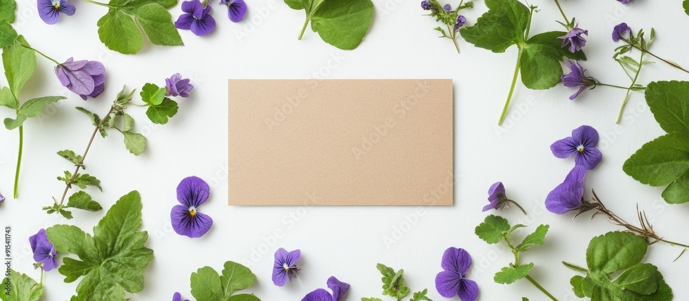 Poster creative arrangement featuring violet flowers leaves and a blank greeting card set against a white b