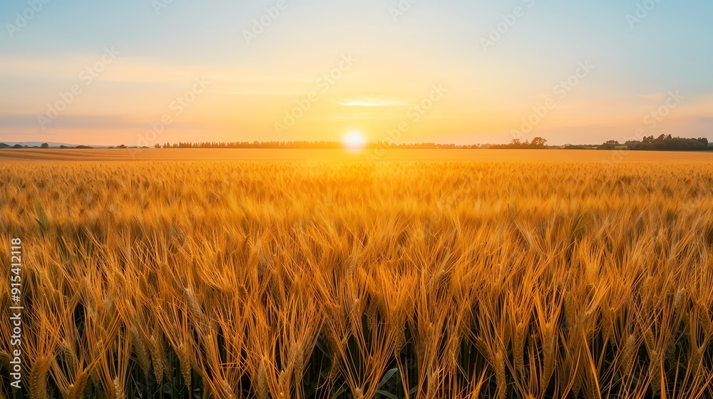 Wall mural crisp autumn morning with mist and golden fields, autumn season harvest, peaceful dawn