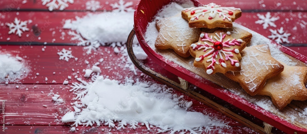 Aufkleber small red vintage sled loaded with christmas cookies. with copy space image. place for adding text o